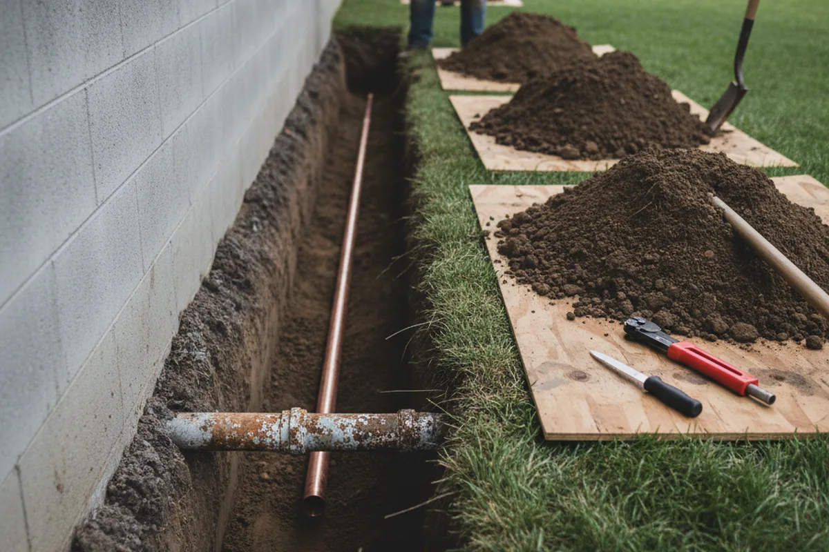 Excavated water line trench during Sewer Line Repair in Rock Tavern